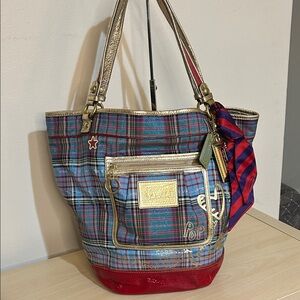 Coach RARE Poppy Tartan Bella Bucket Tote Bag 15887